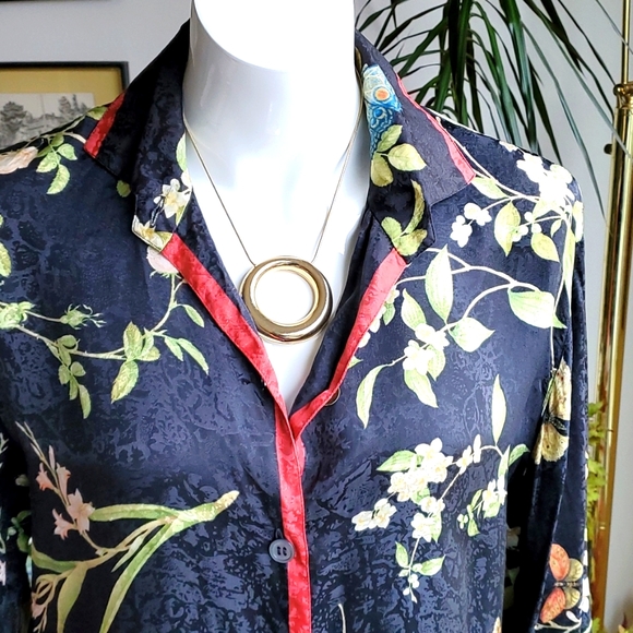 Vintage Signed Jim Thompson Botanical Butterfly Print Black Silk Blouse Size 8 - Picture 3 of 13